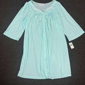 Miss Elaine Classics Nightgown Robe Aqua Blue Button Front Embroidered Size L